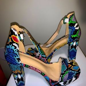 Colorblock snakeprint heels chunky ankle strap Sandals